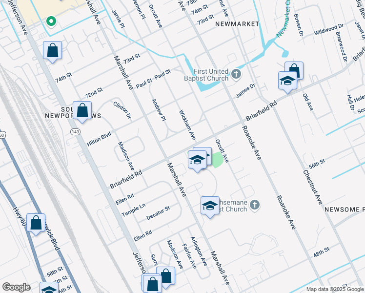 map of restaurants, bars, coffee shops, grocery stores, and more near 709 Briarfield Road in Newport News