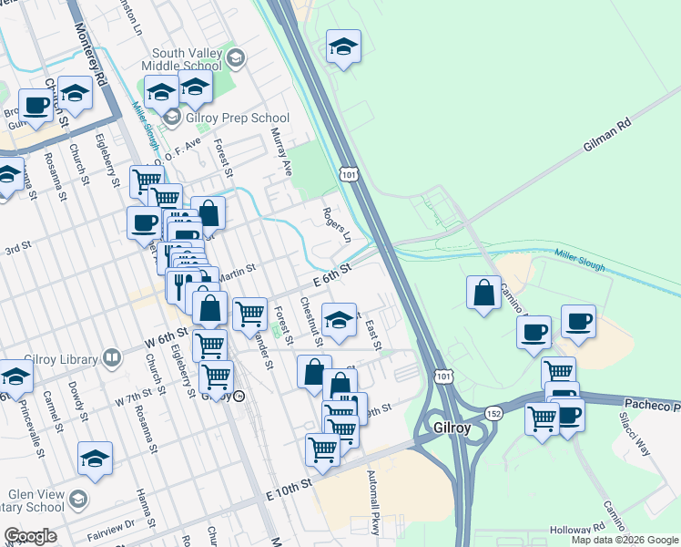 map of restaurants, bars, coffee shops, grocery stores, and more near 7460 Rogers Lane in Gilroy