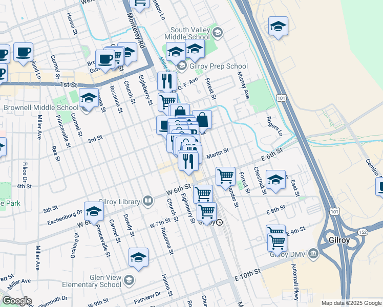 map of restaurants, bars, coffee shops, grocery stores, and more near 7542 Monterey Road in Gilroy