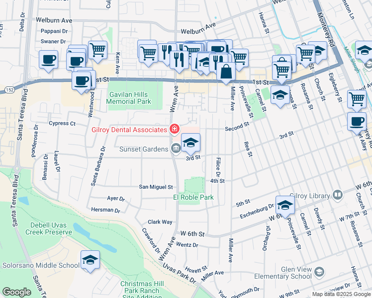 map of restaurants, bars, coffee shops, grocery stores, and more near 7880 Wren Avenue in Gilroy