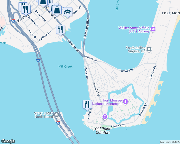 map of restaurants, bars, coffee shops, grocery stores, and more near 140 Ingalls Road in Hampton