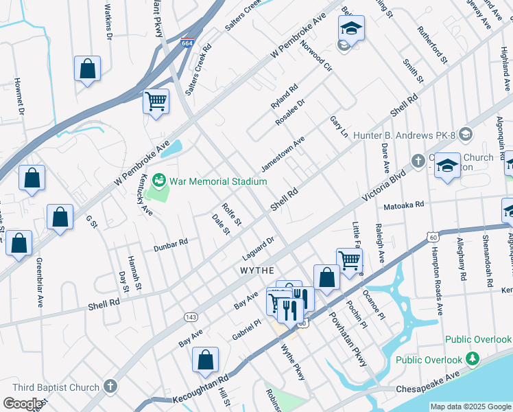 map of restaurants, bars, coffee shops, grocery stores, and more near 633 Powhatan Parkway in Hampton