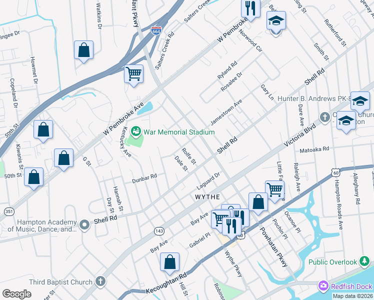 map of restaurants, bars, coffee shops, grocery stores, and more near 703 Pocahontas Place in Hampton