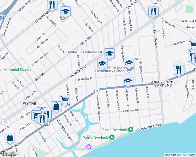 map of restaurants, bars, coffee shops, grocery stores, and more near 314 Hampton Roads Avenue in Hampton