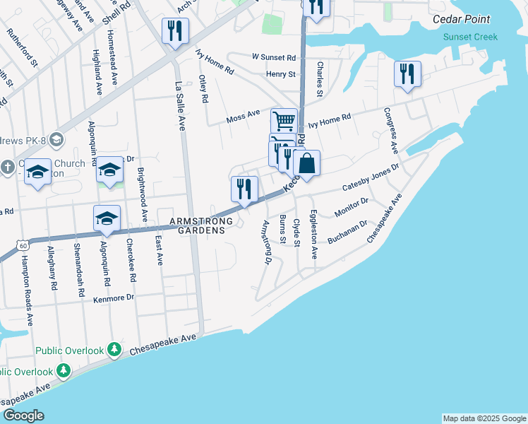 map of restaurants, bars, coffee shops, grocery stores, and more near 167 Armstrong Drive in Hampton