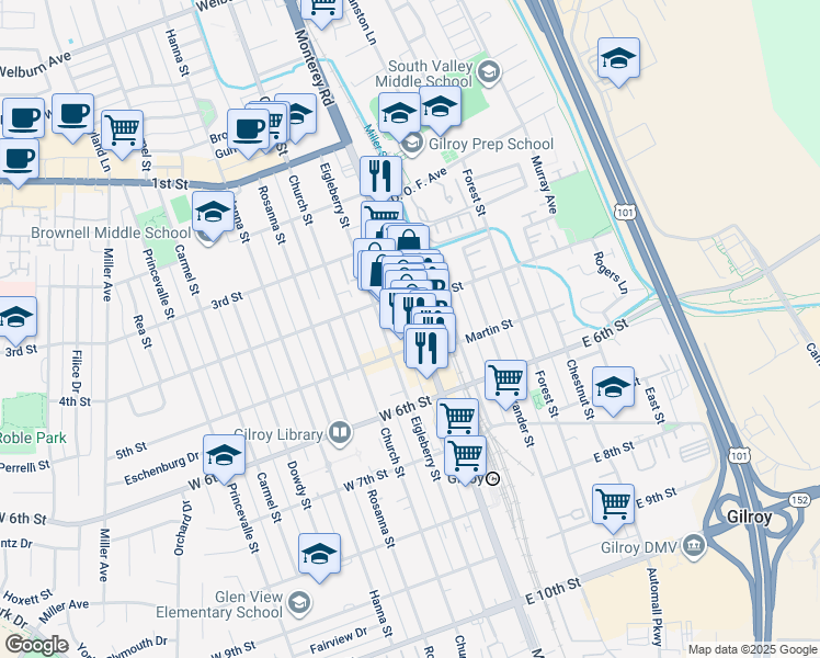 map of restaurants, bars, coffee shops, grocery stores, and more near 7574 Gourmet Alley in Gilroy