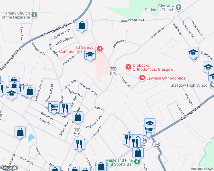 map of restaurants, bars, coffee shops, grocery stores, and more near 1170-1198 North Race Street in Glasgow
