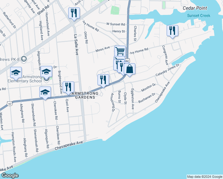 map of restaurants, bars, coffee shops, grocery stores, and more near 167 Armstrong Drive in Hampton