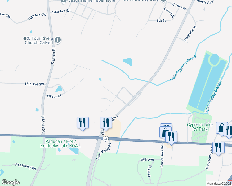 map of restaurants, bars, coffee shops, grocery stores, and more near 1600-1640 Ironwood Drive in Calvert City