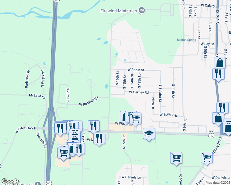 map of restaurants, bars, coffee shops, grocery stores, and more near W Patricia in Ozark