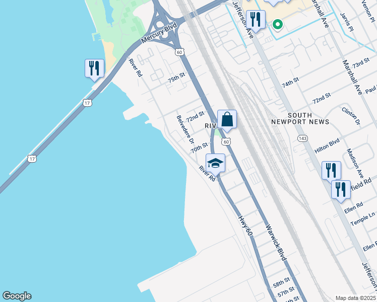 map of restaurants, bars, coffee shops, grocery stores, and more near 7000 River Road in Newport News