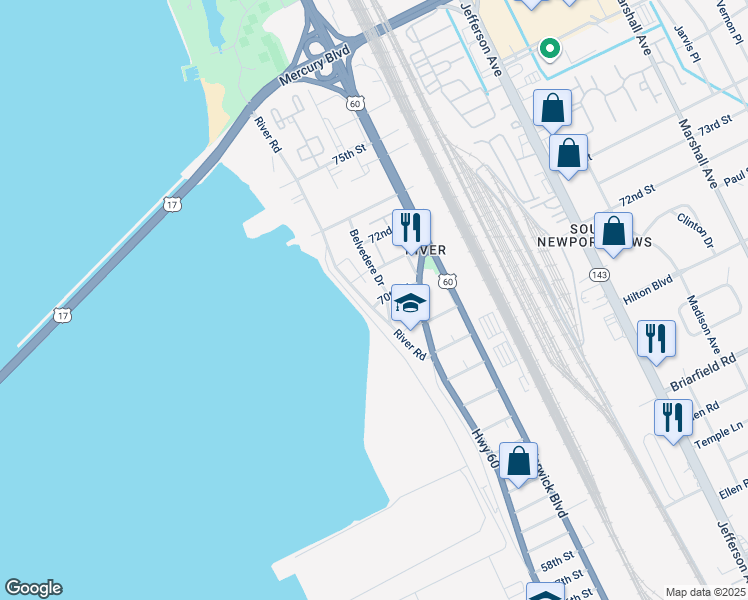 map of restaurants, bars, coffee shops, grocery stores, and more near 7000 River Road in Newport News