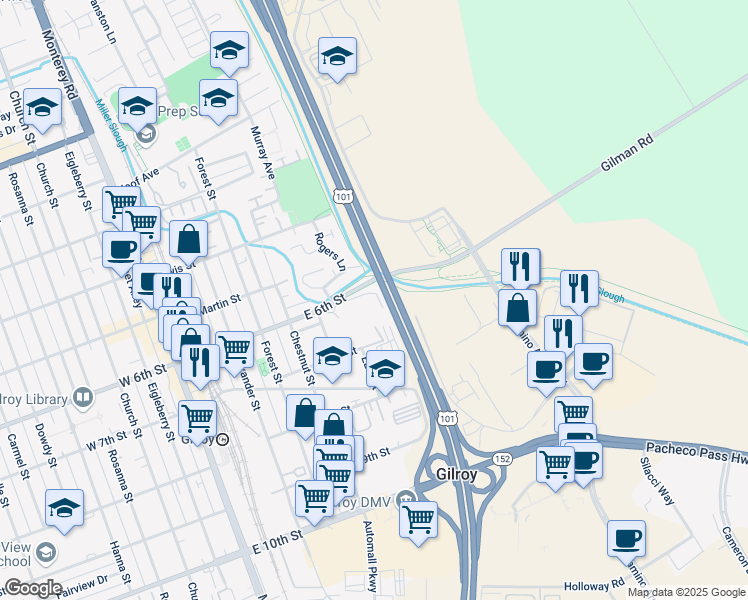 map of restaurants, bars, coffee shops, grocery stores, and more near South Valley Frwy in Gilroy