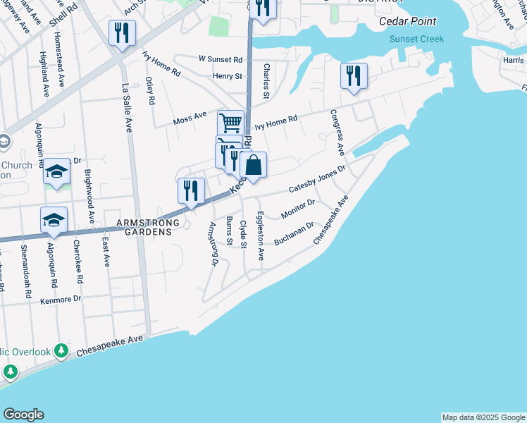 map of restaurants, bars, coffee shops, grocery stores, and more near 132 Eggleston Avenue in Hampton