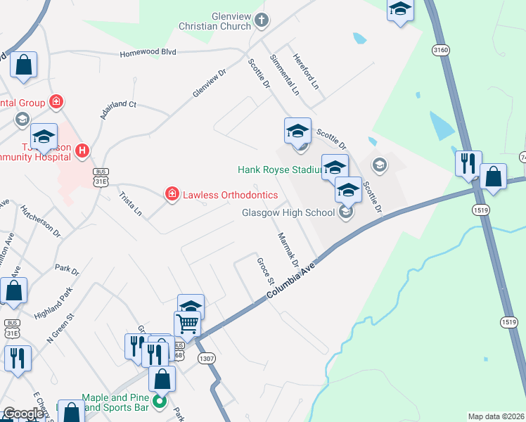 map of restaurants, bars, coffee shops, grocery stores, and more near 200-214 Marmak Dr in Glasgow