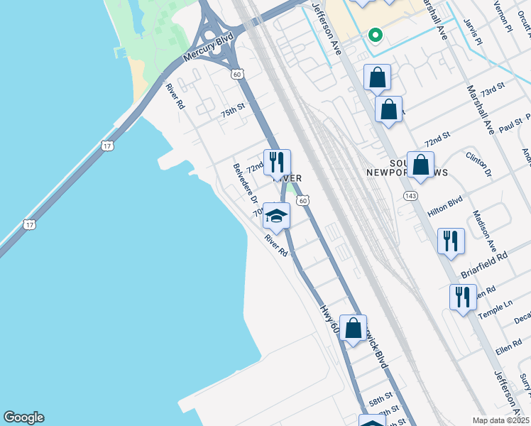 map of restaurants, bars, coffee shops, grocery stores, and more near 6930 Belvedere Drive in Newport News