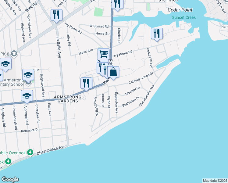 map of restaurants, bars, coffee shops, grocery stores, and more near 148 Clyde Street in Hampton