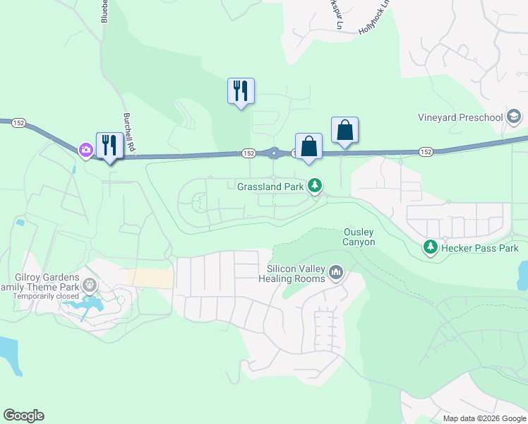 map of restaurants, bars, coffee shops, grocery stores, and more near 2631 Grassland Way in Gilroy