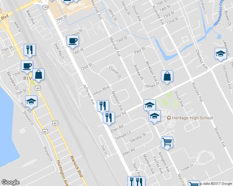 map of restaurants, bars, coffee shops, grocery stores, and more near 702 Highland Court in Newport News