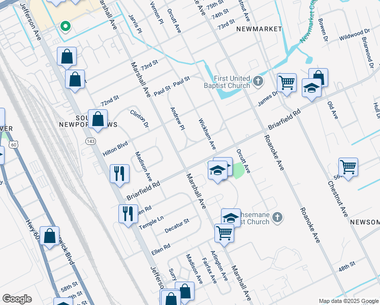 map of restaurants, bars, coffee shops, grocery stores, and more near 702 James Drive in Newport News