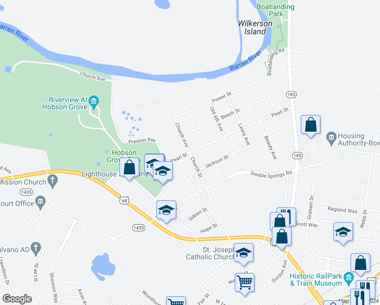 map of restaurants, bars, coffee shops, grocery stores, and more near Church Avenue in Bowling Green
