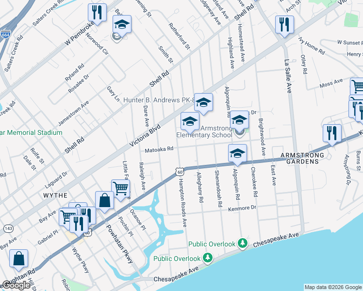 map of restaurants, bars, coffee shops, grocery stores, and more near 314 Hampton Roads Avenue in Hampton