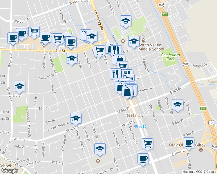 map of restaurants, bars, coffee shops, grocery stores, and more near 194 4th Street in Gilroy