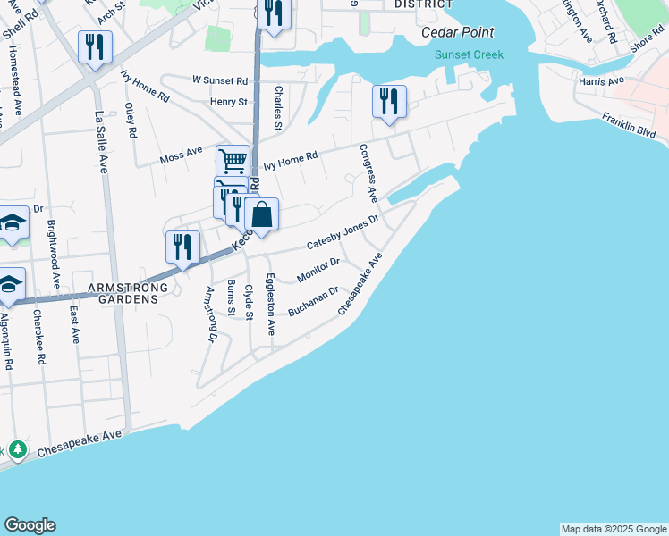 map of restaurants, bars, coffee shops, grocery stores, and more near 4022 Monitor Drive in Hampton