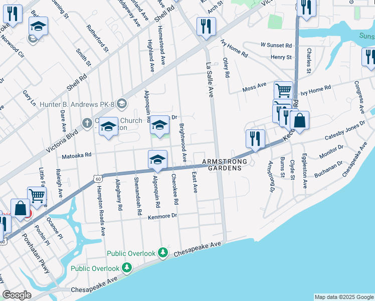 map of restaurants, bars, coffee shops, grocery stores, and more near 218 Brightwood Avenue in Hampton