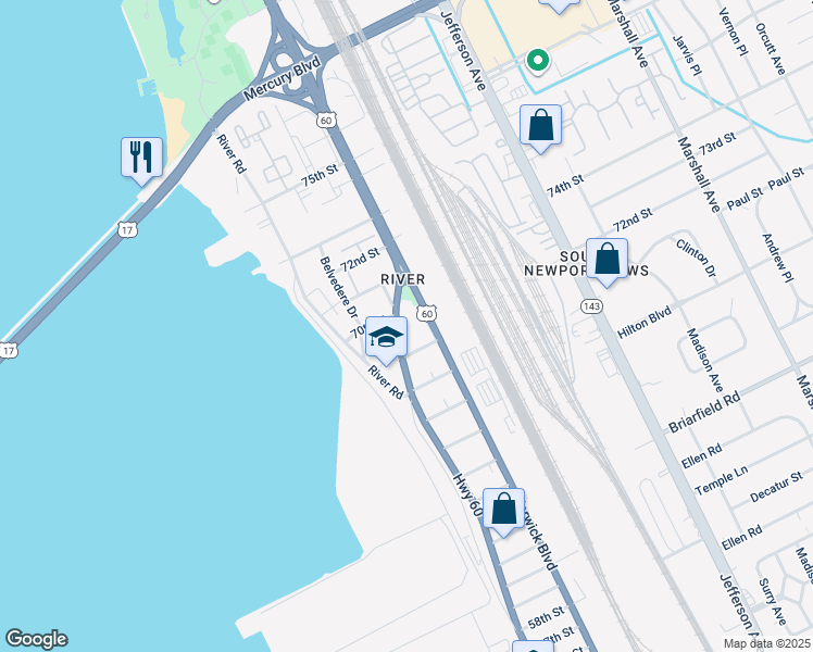 map of restaurants, bars, coffee shops, grocery stores, and more near 6916 Huntington Avenue in Newport News