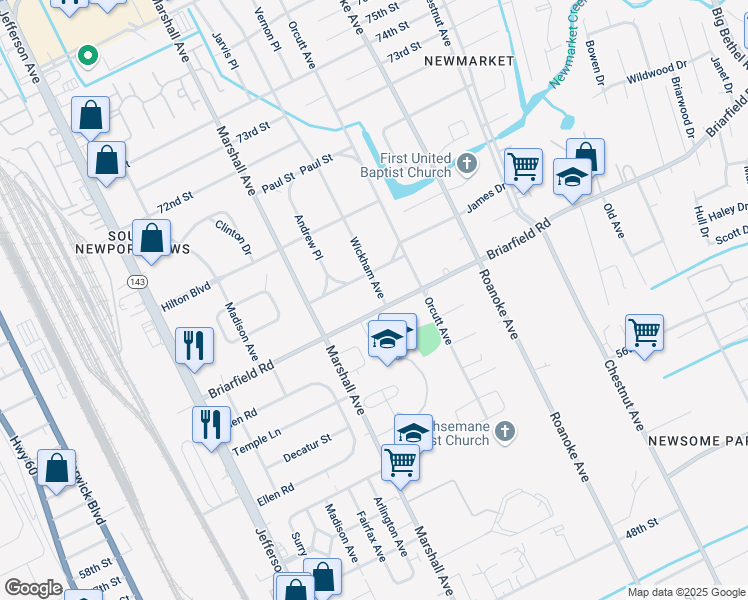 map of restaurants, bars, coffee shops, grocery stores, and more near in Newport News