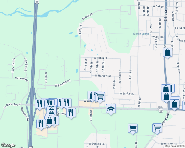 map of restaurants, bars, coffee shops, grocery stores, and more near 1218 South 15th Street in Ozark