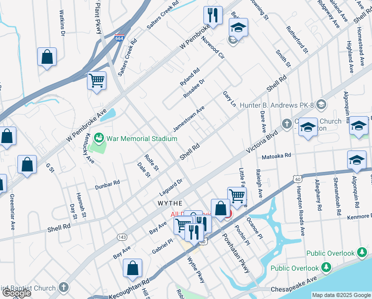 map of restaurants, bars, coffee shops, grocery stores, and more near 604 Teach Street in Hampton