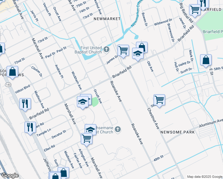 map of restaurants, bars, coffee shops, grocery stores, and more near 6103 Roanoke Ave in Newport News