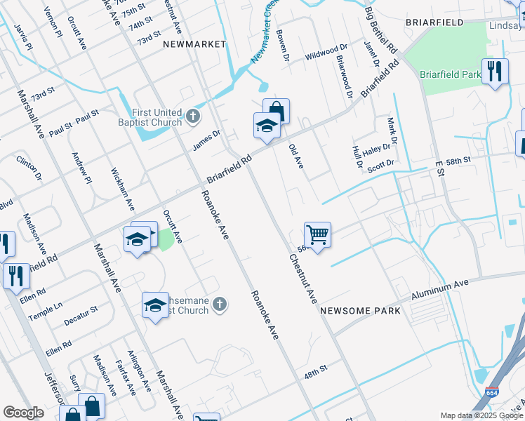 map of restaurants, bars, coffee shops, grocery stores, and more near 5911 Chestnut Avenue in Newport News
