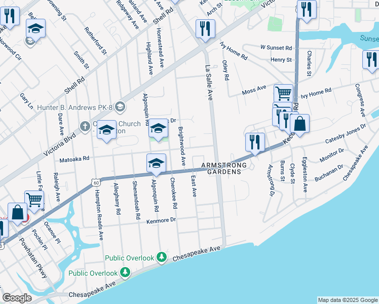 map of restaurants, bars, coffee shops, grocery stores, and more near 3600 Matoaka Road in Hampton
