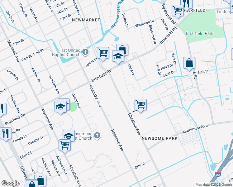 map of restaurants, bars, coffee shops, grocery stores, and more near 5911 Chestnut Avenue in Newport News