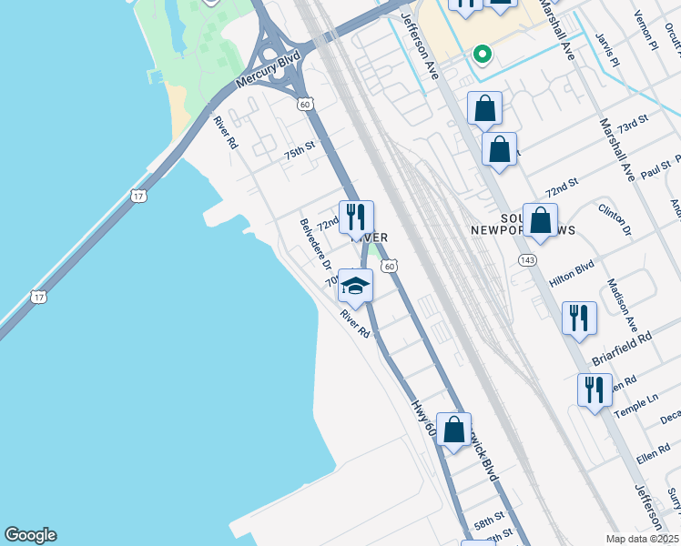 map of restaurants, bars, coffee shops, grocery stores, and more near 7000 Belvedere Drive in Newport News