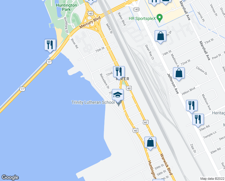 map of restaurants, bars, coffee shops, grocery stores, and more near 7000 Belvedere Drive in Newport News