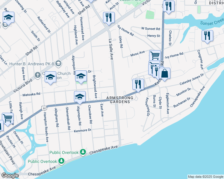 map of restaurants, bars, coffee shops, grocery stores, and more near 233 LaSalle Avenue in Hampton