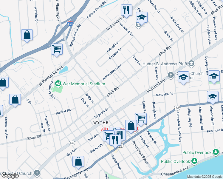 map of restaurants, bars, coffee shops, grocery stores, and more near 604 Teach Street in Hampton