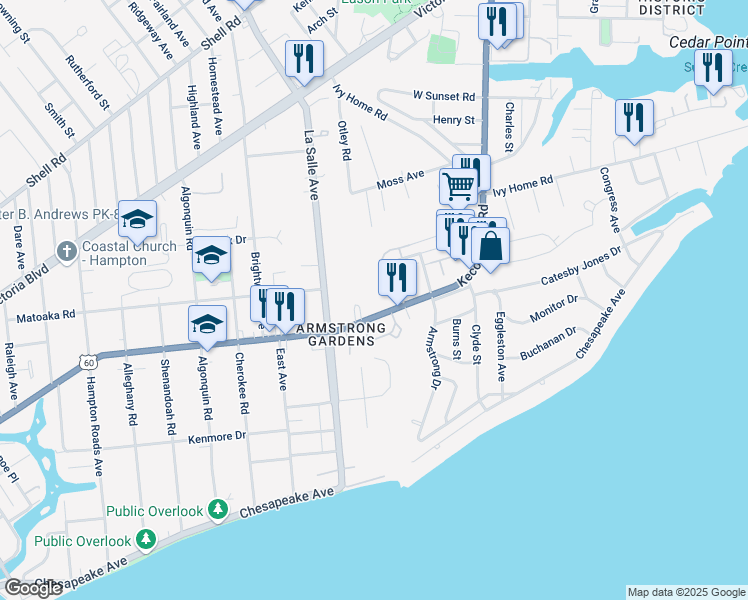 map of restaurants, bars, coffee shops, grocery stores, and more near 3757 Kecoughtan Road in Hampton