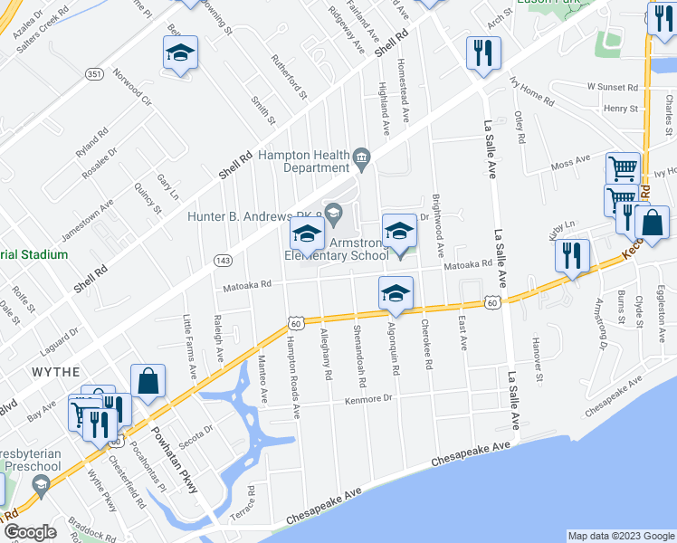 map of restaurants, bars, coffee shops, grocery stores, and more near 3209 Matoaka Road in Hampton