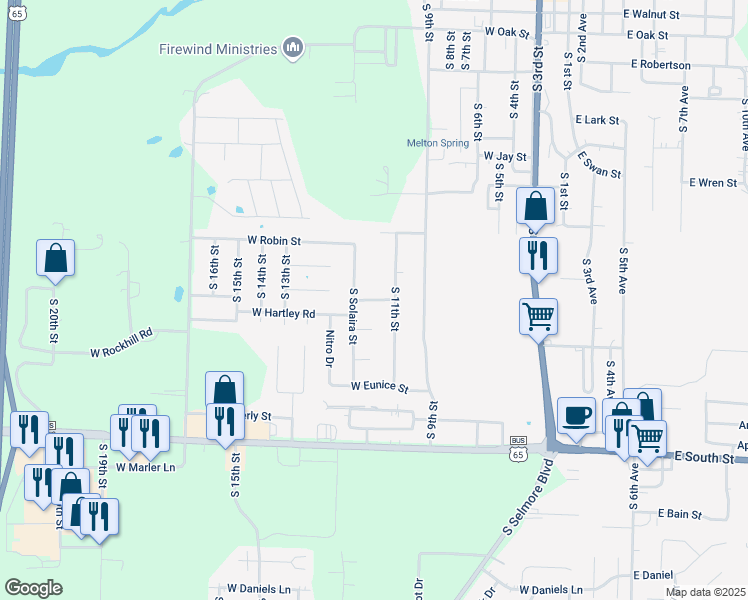 map of restaurants, bars, coffee shops, grocery stores, and more near West Patricia Street in Ozark