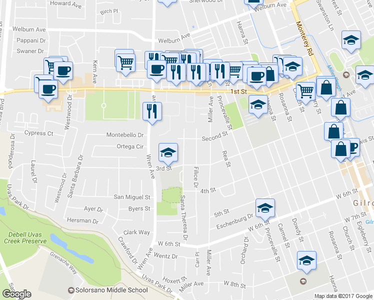 map of restaurants, bars, coffee shops, grocery stores, and more near 7760 Santa Theresa Drive in Gilroy