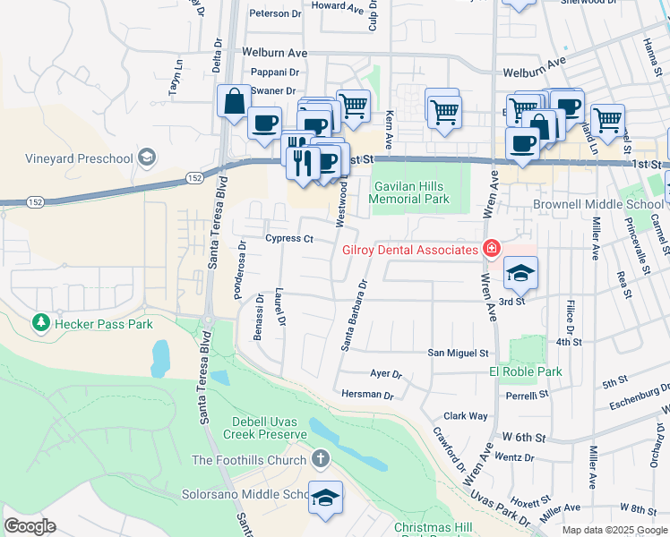 map of restaurants, bars, coffee shops, grocery stores, and more near 7760 Westwood Drive in Gilroy