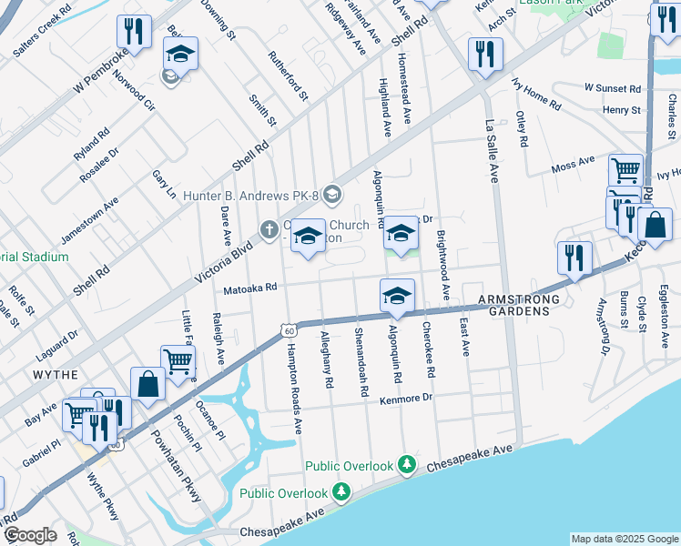map of restaurants, bars, coffee shops, grocery stores, and more near 3209 Matoaka Road in Hampton