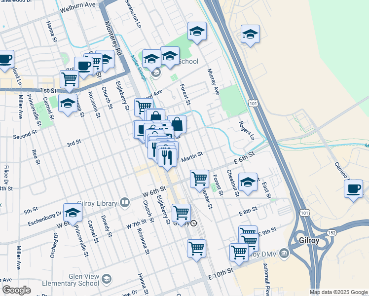 map of restaurants, bars, coffee shops, grocery stores, and more near 7541 Alexander Street in Gilroy
