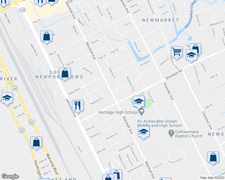 map of restaurants, bars, coffee shops, grocery stores, and more near 701 James Drive in Newport News