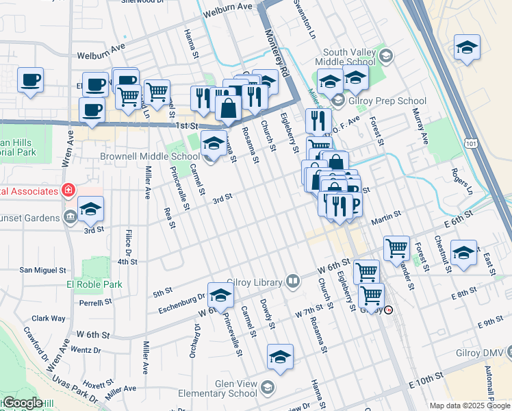map of restaurants, bars, coffee shops, grocery stores, and more near 7640 Hanna Street in Gilroy